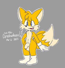 2_tails anthro balls big_balls big_penis blue_eyes clothing crotch_tuft dipstick_tail flaccid footwear foreskin fur genitals gloves handwear humanoid_genitalia humanoid_penis male markings multi_tail navel penis socks solo tail tail_markings tuft yellow_body yellow_fur aroohwahoou sega sonic_the_hedgehog_(series) miles_prower canid canine fox mammal 2023 dated