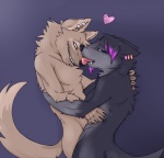 4_fingers anthro anthro_on_anthro biped black_body black_claws black_fur black_hair black_lips brown_body brown_fur claws cuddling duo ear_piercing face_lick facial_piercing fingers fur grey_body grey_fur grin hair half-closed_eyes heart_symbol hug licking lip_piercing lips looking_at_another looking_at_partner looking_down male male/male multicolored_body multicolored_fur multicolored_hair narrowed_eyes nude piercing purple_hair romantic romantic_couple smile standing tail tan_body tan_fur teeth tongue tongue_out two_tone_body two_tone_fur two_tone_hair syynx syynx_(character) tearless yorutime_(character) canid canine canis mammal wolf 2012