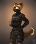 anthro blonde_hair brown_eyes clothed clothing female gradient_background hair hair_bun military simple_background solo stealth tail vallhound black_ops annabelle_chambers border_collie canid canine canis collie domestic_dog herding_dog mammal pastoral_dog sheepdog 2015 5:6 absurd_res digital_media_(artwork) hi_res watermark