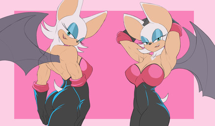 anthro armwear back_muscles bedroom_eyes biceps big_breasts bodysuit breasts butt clothed clothing elbow_gloves eyelashes eyeshadow female fingers fur gloves hair half-closed_eyes hands_behind_head handwear lipstick looking_at_viewer looking_back makeup membrane_(anatomy) membranous_wings muscular muscular_anthro muscular_female narrowed_eyes seductive simple_background skinsuit smile solo standing tail tight_clothing wings f_draws sega sonic_the_hedgehog_(series) rouge_the_bat bat mammal absurd_res digital_media_(artwork) hi_res