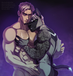 abdominal_scar abs anthro anthro_on_anthro black_body black_fur blonde_hair chest_scar duo ear_piercing ear_ring fangs fur green_eyes grey_body grey_fur grin hair licking licking_lips licking_own_lips looking_at_viewer male male/male muscular muscular_anthro muscular_male navel nipples nude pec_grab pecs piercing red_tongue ring_piercing scar short_hair simple_background smile tan_body tan_skin teeth text tongue tongue_out white_hair yellow_eyes demireality canid human mammal 2023 artist_name dated hi_res