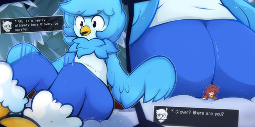 ambiguous_gender anthro beak blue_body blue_feathers blue_hair butt_crush chest_tuft clothing cowboy_hat damage_numbers duo extreme_size_difference falling feather_hands feathers female gameplay_mechanics gui hair hat headgear headwear health_bar health_points micro oblivious sitting sitting_on_another size_difference slipping struggling text_box tuft young muka288 mukaxslivka undertale_(series) undertale_yellow clover_(undertale_yellow) martlet_(undertale_yellow) avian bird human mammal hi_res