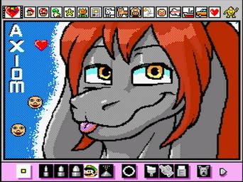 anthro blue_text hair heart_symbol long_hair male red_hair solo text tongue tongue_out yellow_eyes rodricoro mario_paint nintendo digital_media_(artwork) dithering headshot_portrait mario_paint_(artwork) portrait