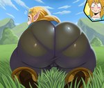 2019 accessory all_fours big_butt black_bottomwear black_clothing blonde_hair boots bottomwear breath_of_the_wild brown_clothing brown_footwear brown_high_heels butt butt_focus camel_toe clothing detailed_background duo elf eyelashes female female_focus footwear green_eyes hair hair_accessory hi_res high_heeled_boots high_heels huge_butt humanoid humanoid_pointy_ears hylian kneeling link mammal nintendo not_furry outside panty_lines princess_zelda rear_view shoes solo_focus sssonic2 the_legend_of_zelda thick_thighs tight_clothing white_body white_skin