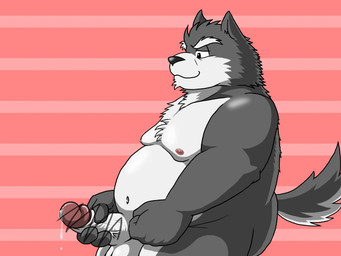 anthro balls belly black_nose erection genitals humanoid_genitalia humanoid_hands humanoid_penis kemono male masturbation moobs navel nipples overweight overweight_anthro overweight_male penis solo garuganofu canid canine canis mammal wolf 2015 4:3 censored