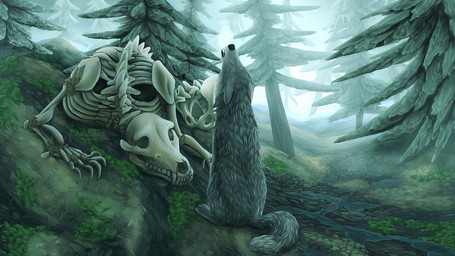 ambiguous_gender bone creek detailed_background detailed_fur feral fog forest fur grass grey_body grey_fur howl moss plant quadruped rock skeleton solo tree exilender wolves_of_the_beyond faolan_macduncan thunderheart_(wotb) bear domestic_cat felid feline felis mammal 16:9 2022 clip_studio_paint_(artwork) detailed digital_media_(artwork) digital_painting_(artwork) painting_(artwork) widescreen adopted_(lore) adopted_son_(lore) adoptive_mother_(lore)