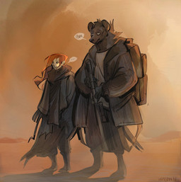 anthro backpack clothing coat desert duo female frown gun hair long_hair male male/female ranged_weapon red_hair rifles text topwear weapon worried infezmite human hyena mammal spotted_hyena portuguese_text