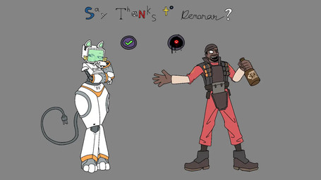 3_toes alcohol anthro armor beanie beard beverage boots bottle bottomwear brown_body bulletproof_vest cable cable_tail check_mark christian_cross christian_symbol clothed clothing container cross duo electrical_plug electrical_plug_tail explosives eye_patch eyelashes eyewear facial_hair fake_whiskers feet female footwear for_a_head green_face green_inner_ear grenade hair hat headgear headwear holding_alcohol holding_beverage holding_object legwear looking_at_another machine male name_tag noseless note open_mouth pants post-it_note red_clothing religion religious_symbol screen screen_face segmented_body shirt shoes simple_background smile standing tail teeth text thick_thighs thinking toes topwear uniform vest weapon white_body wide_hips yellow_accents hightower_(artist) among_us christianity fuch!_(copyright) innersloth team_fortress_2 valve valve_corporation demoman_(team_fortress_2) pur_03 domestic_cat felid feline felis human mammal monitor_head object_head robot robot_anthro screen_head 16:9 digital_media_(artwork) english_text hi_res widescreen