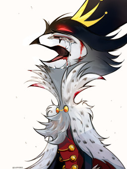 anthro blood bodily_fluids clothing crying depression eyes_closed formal_clothing formal_wear hair hat headgear headwear male red_eyes sad short_hair simple_background solo tears top_hat white_background yelling lanveril hellaverse helluva_boss stolas_(helluva_boss) avian bird owl owl_demon 3:4 absurd_res hi_res
