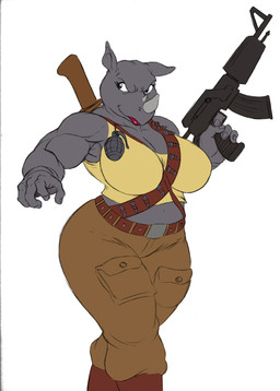 4_fingers ammo_belt anthro assault_rifle bandolier belt biceps big_breasts boots bottomwear breasts cleavage clothed clothing crossgender explosives eyebrows eyelashes female fingers footwear grenade gun holding_object horn lipstick machete makeup melee_weapon midriff muscular muscular_anthro muscular_female navel pants ranged_weapon rifle shirt shoes simple_background smile solo sword thick_thighs topwear weapon white_background wide_hips chochi teenage_mutant_ninja_turtles rocksteady black_rhinoceros mammal rhinoceros 2013 hi_res