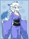 anthro asian_clothing blue_background blue_body blue_eyes blue_fur blush breasts claws cleavage clothed clothing clothing_cord east_asian_clothing female fully_clothed fur hair japanese_clothing kimono long_hair looking_at_viewer obi obidome obijime simple_background solo text white_body white_fur white_hair skykain bandai_namco digimon fan_character laura_(sangaire) canid canine digimon_(species) fox mammal renamon 2011 3:4 english_text hi_res