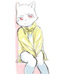 anthro bottomless bottomless_male clothed clothing fur hiding_penis knock-kneed looking_at_viewer male open_clothing open_topwear red_eyes serious simple_background sitting solo topwear white_background white_body white_fur yellow_clothing yellow_topwear young young_anthro young_male tobyou_222 canid canine canis domestic_dog mammal 2019 hi_res