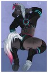 anthro black_bottomwear black_clothing black_legwear black_topwear bottomwear bulge butt clothing ear_piercing ear_ring ear_stud fur grey_body grey_ears grey_fur grey_hooves grey_mane hooves kneeling legwear looking_at_viewer looking_back looking_back_at_viewer male mane muscular muscular_anthro muscular_male narrowed_eyes piercing pink_mane pink_tail rear_view ring_piercing solo tail text topwear white_tail rayliicious nitro_(littlewattson) equid equine horse mammal artist_name hi_res