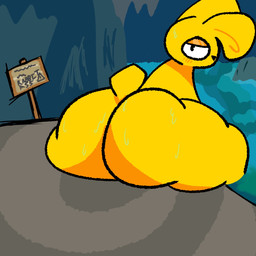ambiguous_gender anthro armless big_butt butt dire_dire_docks fur huge_hips huge_thighs hyper hyper_hips hyper_thighs nude short_tail sign solo tail text thick_thighs water wide_hips yellow_body yellow_fur flowr_(artist) mips lagomorph leporid mammal rabbit 1:1 hi_res