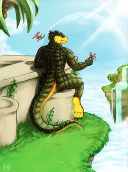ambiguous_gender antennae_(anatomy) anthro butt claws green_body green_eyes green_scales group insect_wings island leaf male muscular nude orange_body orange_scales outside planet plant rear_view red_body red_scales scales sitting size_difference sky sun tail text toe_claws water waterfall wings yellow_body yellow_scales kalnareff jathiros arthropod butterfly insect lepidopteran lizard reptile scalie 2013 english_text traditional_media_(artwork)