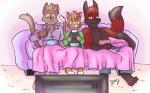 anthro barefoot bedding blanket bowl cereal cheek_tuft clothed clothing container cutlery eating electronics facial_tuft family feet food fur furniture group holding_object holding_spoon kitchen_utensils male sofa spoon television toes tools topless trio tuft watching_television yellow_eyes young young_anthro syaokitty blaze_wolf jesse_cat tenyo_cat canid canine canis domestic_cat felid feline felis mammal wolf 16:10 2019 absurd_res digital_media_(artwork) hi_res widescreen father_(lore) parent_(lore) son_(lore)