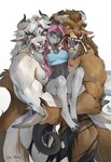 anthro blue_eyes breasts brown_body brown_fur claws clothing female finger_claws fur grey_body grey_fur group horn male muscular muscular_male open_mouth toe_claws torn_clothing trio white_body white_fur yellow_eyes juliathedragoncat felid feline mammal 2023 hi_res