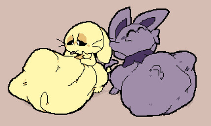 ambiguous_anthro ambiguous_gender ambiguous_pred anthro anthro_pred belly big_belly biped black_sclera blush cheek_blush cheek_tuft chest_tuft closed_frown closed_smile dot_nose duo facial_tuft floppy_ears frown fully_inside fur half-closed_eyes hand_imprint hand_on_belly hand_on_own_belly hands_behind_head happy huge_belly imprint long_ears looking_at_belly looking_at_own_belly looking_at_self looking_down looking_down_at_belly looking_down_at_self lop_ears monotone_background monotone_body monotone_fur mouth_closed multiple_pred narrowed_eyes nose_blush nude_ambiguous nude_anthro pear-shaped_figure pointy_ears prick_ears pupils purple_body purple_fur purple_tuft raised_head same_size_vore satisfied_look scut_tail semi-anthro short_tail simple_background slightly_chubby slightly_chubby_anthro smile smiling_eyes soft_vore standing struggling struggling_prey tail tongue tongue_out tuft unseen_prey vore whiskers white_pupils wide_hips yellow_body yellow_fur yellow_tuft meatcanister jonas_(meatcanister) squiggles_(meatcanister) domestic_cat felid feline felis lagomorph leporid mammal rabbit 2025 digital_media_(artwork) english_description full-length_portrait hi_res pixel_(artwork) portrait male_(lore)