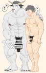 abs anthro arm_around_shoulders balls big_balls big_muscles big_nipples big_pecs big_penis black_hair blush bodily_fluids body_hair bovine_ears covering covering_crotch duo flaccid fur genitals grey_body grey_fur hair holding_partner horn human_on_anthro humanoid_genitalia humanoid_penis interspecies larger_anthro larger_male leg_hair male male/male muscular muscular_anthro muscular_human muscular_male nipples nude pecs penis penis_size_difference pubes size_difference smaller_human smaller_male sweat text fugur6_fugur9 bovid bovine cattle human mammal 5:8 censored hi_res japanese_text brother_(lore) brothers_(lore) incest_(lore) sibling_(lore)