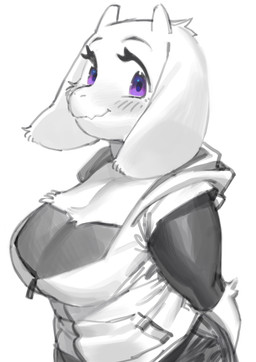 anthro big_breasts blush breasts clothed clothing eyelashes female floppy_ears fluffy hoodie horn jacket looking_at_viewer purple_eyes side_view simple_background smile solo topwear white_background aruurara undertale undertale_(series) toriel boss_monster_(undertale) bovid caprine mammal absurd_res hi_res partially_colored