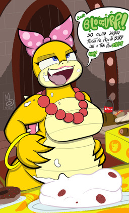 accessory anthro belly belly_grab beverage big_belly blue_eyes bow_ribbon bracelet burping cake dessert dialogue doughnut eating female food frosting gassy gem groping_belly hair_accessory hair_bow hair_ribbon hot_dog jewelry necklace open_mouth overweight overweight_anthro overweight_female pastry pearl_(gem) pearl_necklace ribbons slob smile soda soda_bottle solo sound_effects speech_bubble spikes text thick_thighs tongue tongue_out sebaku bowser's_inside_story mario_and_luigi_(series) mario_bros mythology nintendo koopaling wendy_o._koopa animal_humanoid dragon humanoid koopa koopa_humanoid mythological_creature mythological_scalie scalie scalie_humanoid absurd_res digital_media_(artwork) english_text hi_res