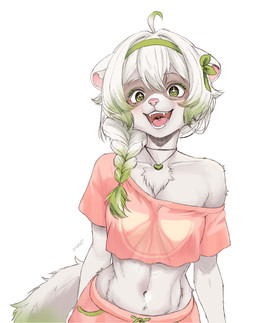 accessory anthro braided_hair chest_tuft clothed clothing crop_top female food fruit green_eyes hair hair_accessory hair_ribbon highlights_(coloring) lime off_shoulder open_mouth plant ribbons shirt smile solo topwear tuft pennylessmac laimu domestic_ferret mammal mustelid musteline true_musteline weasel 2026 hi_res
