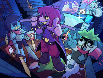 ambiguous_gender anthro armor armwear axe blue_body blue_skin breastplate clothed clothing freckles fur gesture greaves hand_gesture holding_axe holding_melee_weapon holding_object holding_sword holding_weapon melee_weapon pointing pointing_at_viewer size_difference sleeping speech_bubble sword water_cooler weapon white_body white_fur saghaley deltarune undertale_(series) kris_dreemurr lancer_(deltarune) ralsei susie_(deltarune) cuptain human humanoid mammal mizzle_(deltarune) watercooler_(deltarune) 4:3 absurd_res hi_res