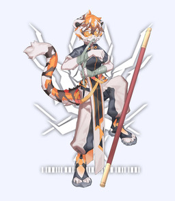 anthro black_body black_fur black_hair clothing countershading eyewear female footwear fur glasses hair looking_at_viewer multicolored_body multicolored_fur multicolored_hair orange_body orange_fur pole solo white_body white_fur white_hair wrappings yellow_eyes nanolol6 arknights hypergryph studio_montagne waai_fu_(arknights) felid mammal pantherine tiger 2020 hi_res