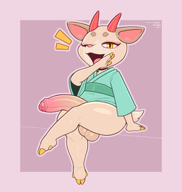 anthro asian_clothing balls big_balls big_penis biped blush body_blush bottomless clothed clothing crossgender east_asian_clothing erection foreskin ftm_crossgender genitals horn huge_balls huge_penis humanoid_genitalia humanoid_penis japanese_clothing kimono looking_at_viewer male one_eye_closed penis penis_blush pink_nose red_horn sitting solo tongue vein veiny_penis yellow_eyes frumples animal_crossing nintendo shino_(animal_crossing) deer mammal 2021 digital_media_(artwork) hi_res shaded