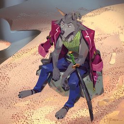 3_toes anthro barefoot bottomwear cheek_tuft clothing coat denim denim_bottomwear denim_clothing detailed_background facial_tuft feet foot_markings fur grey_body grey_fur hair head_tuft jeans katana leg_markings looking_down male markings melee_weapon narrowed_eyes orange_eyes pants pointy_ears resting shirt sitting snout solo striped_markings stripes sword tank_top tied_hair toes topwear tuft weapon whisker_spots ruffu asukaru_(ruffu) unnamed_character canid canine canis mammal wolf 1:1 digital_drawing_(artwork) digital_media_(artwork)