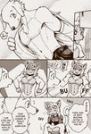 abs anthro belt clothing dialogue duo eyebrows featureless_chest locker_room male muscular navel pecs pubes simple_background smile suit surprised_expression tired unbuttoned_pants undressing young young_anthro dark_ishihara kaen_nakayoshi kaneinu_kosuke canid canine canis domestic_dog haplorhine mammal monkey primate absurd_res comic cross-hatching hatching_(art) hi_res monochrome shaded