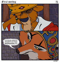 anthro black_facial_markings black_markings black_nose border chair clothed clothed_anthro clothed_female clothed_male clothing countershade_face countershade_fur countershading crown crown_jewels cunning dialogue displeased duo ears_flat etiquette exasperated eyebrows eyelashes facial_markings female female_anthro fingers frown fur furniture gem gold_(metal) gold_crown head_markings headdress headgear inside iris kokoshnik light_body light_skin male male_anthro markings mouth_closed narrowed_eyes noblewoman page_number philtrum pupils ring robe royalty sitting snout standing stone_wall text title wall_(structure) whiskers white_border yellow_eyes sir_paulus disney robin_hood_(disney) lisabeth_(lord_paulus) prince_john canid canine canis felid feline fox lion mammal pantherine artist_name comic english_text hi_res