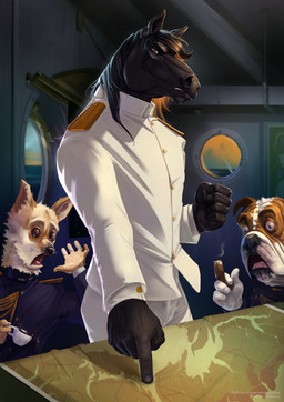 anthro black_body black_hair blue_clothing blue_eyes blue_topwear bottomwear brown_body brown_eyes brown_fur cigar clothed clothing container cup fur group hair holding_cigar holding_container holding_cup holding_mug holding_object inside male male_anthro mug open_mouth pants standing tan_body tan_fur text tongue tongue_out topwear trio white_body white_bottomwear white_clothing white_fur white_pants white_topwear satanic_monkey hisao_matsumoto canid canine canis domestic_dog equid equine horse mammal absurd_res hi_res url