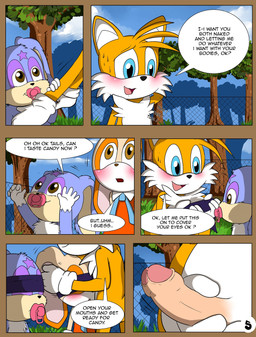 age_difference anthro anthro_on_anthro blindfold blush bodily_fluids day dialogue eyelashes female foreskin genitals group humanoid_genitalia humanoid_penis male older_male outside pacifier partially_retracted_foreskin penis shota sweat text young young_anthro launny unistar sega sonic_the_hedgehog_(series) cream_the_rabbit miles_prower unistar_(character) canid canine fox lagomorph leporid mammal rabbit 2013 comic english_text hi_res