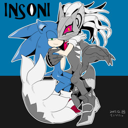 anthro black_body black_fur blue_body blue_fur claws clothing dreadlocks duo fluffy fur gloves green_eyes handwear hug long_tail looking_at_viewer male male/male mask nude pink_sclera tail yellow_eyes muimuitoby_(artist) sega sonic_forces sonic_the_hedgehog_(series) infinite_(sonic) sonic_the_hedgehog canid canine canis eulipotyphlan hedgehog jackal mammal 1:1