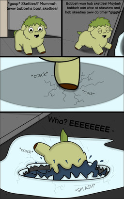 ambiguous_feral ambiguous_gender baby_talk black_text cracks dialogue falling_over feral green_body green_hair green_tail hair happy hooves ice narrowed_eyes partially_submerged quadruped solo tail text water young young_ambiguous young_feral roadkill_(fc) fluffy_pony fluffy_pony_(species) mammal 2026 5:8 absurd_res comic digital_media_(artwork) english_description english_text hi_res