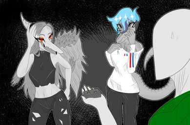 abstract_background anthro arm_tattoo bald blue_hair bodily_fluids bone_frill bottomwear box breasts chest_tattoo clothed clothed_anthro clothed_female clothed_human clothed_male clothing container crop_top feathered_wings feathers female ffm fingers frill_(anatomy) front_view green_clothing green_shirt green_topwear grey_bottomwear grey_clothing grey_crop_top grey_eyes grey_pants grey_shirt grey_topwear group hair hand_on_head holding_box holding_container holding_object human_on_anthro humanoid_hands interspecies long_hair looking_at_another male male/female navel nervous non-mammal_breasts non-mammal_navel open_mouth open_smile orange_eyes pants ring_(jewelry) shirt short_hair shoulder_tattoo shy small_breasts smile standing sweat sweatdrop tattoo topwear torn_bottomwear torn_clothing torn_pants trio white_clothing white_shirt white_topwear wings gothgator0 cavemanon_studios goodbye_volcano_high ko_op_(game_developer) snoot_game anon_(snoot_game) fang_(gvh) nick_(gvh) baryonyx dinosaur human mammal prehistoric_species pterosaur reptile saurischian scalie spinosaurid theropod absurd_res hi_res restricted_palette
