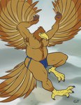 3_toes 5_fingers anthro armpit_hair avian_feet beak biped blue_clothing blue_jockstrap blue_underwear body_hair brown_body brown_feathers claws clothed clothed_anthro clothed_male clothing cloud detailed_background feathers feet fingers flying gloves_(marking) humanoid_hands jockstrap jockstrap_only landscape male male_anthro markings midair outside overweight overweight_anthro overweight_male piercing smile smiling_at_viewer solo tail tail_feathers toe_claws toes topless topless_anthro topless_male underwear underwear_only wings yellow_beak yellow_feet gtskunkrat accipitrid accipitriform avian bird eagle digital_drawing_(artwork) digital_media_(artwork) hi_res signature