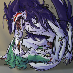 anthro bodily_fluids claws clitoral_hood creepy dominant dominant_female drooling duo erection female female_on_top genitals green_body hair larger_female male male/female male_on_bottom markings messy_hair messy_linework on_bottom on_top open_mouth prehensile_clitoral_hood purple_body questionable_consent rough_sex saliva scar scared scaroused scary sergal_penis sex size_difference sketchy submissive submissive_male tattoo toe_claws tribal tribal_markings vilous_universe vulva white_body spicymustelid vilous rain_silves sergal 1:1 guide_lines hi_res shaded