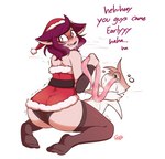 anthro blush bodily_fluids butt christmas_clothing christmas_headwear clothed clothing duo extreme_french_kiss female french_kissing headgear headwear holidays hug kissing legwear long_tongue looking_pleasured male male/female rear_view saliva simple_background size_difference surprise text thigh_highs tongue tongue_grab tongue_out tongue_wrap giidenuts christmas aiko_(giidenuts) riley_(giidenuts) avian bird humanoid mammal penguin english_text hi_res