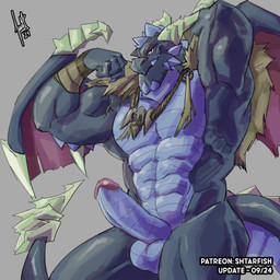 abs anthro arm_wraps balls biceps blue_body chin_spikes erection facial_spikes flexing flexing_bicep genitals glans horn humanoid_genitalia humanoid_penis jaw_spikes jewelry looking_at_viewer male mostly_nude multicolored_body muscular muscular_anthro muscular_male necklace pecs penis pose raised_arm scales shoulder_guards simple_background smile solo spikes spikes_(anatomy) standing two_tone_body ventral_scales wings wraps shtarfish activision european_mythology mythology spyro_reignited_trilogy spyro_the_dragon bubba_(spyro) rescued_dragons_(spyro) dragon mythological_creature mythological_scalie scalie western_dragon 1:1 hi_res pinup portrait signature three-quarter_portrait