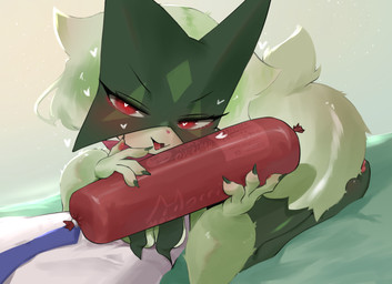 4_fingers anthro breast_curtains fangs female fingers food heart_eyes heart_symbol kneeling mask meat mischievous_smile pawpads red_eyes sausage solo tail teeth text moccimew ambient_among_us among_us innersloth nintendo pokemon generation_9_pokemon meowscarada pokemon_(species) hi_res