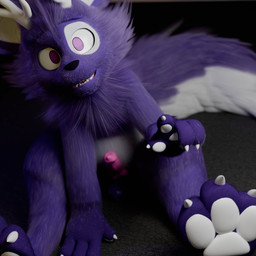 anthro balls cheek_tuft claws erection facial_tuft fangs fluffy fluffy_tail fur genitals horn looking_at_viewer male neck_tuft pawpads paws penis purple_body purple_eyes purple_fur simple_background sitting solo tail teeth tuft white_body white_fur anduke bailey_(anduke) canid canine canis domestic_dog herding_dog hybrid mammal pastoral_dog welsh_corgi 1:1 3d_(artwork) digital_media_(artwork) hi_res