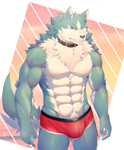 5_fingers abs anthro biceps black_nose blue_body blue_eyes blue_fur bulge claws clothed clothing collar deltoids fingers fur genitals male muscular muscular_anthro muscular_male nipples pecs penis penis_base pink_nipples pubes red_clothing red_underwear solo topless triceps underwear vein white_body white_fur tamotoji02 tamotoji_x brand_new_animal studio_trigger shirou_ogami canid canine canis mammal wolf
