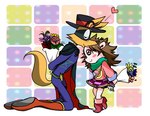 anthro bottomwear bouquet clothed clothing duo female flower flower_bouquet hat headgear headwear kissing magic_user male mantle plant scarf size_difference skirt witch young crimmy nelly kaiketsu_zorori zorori canid canine fox mammal porcupine rodent hi_res