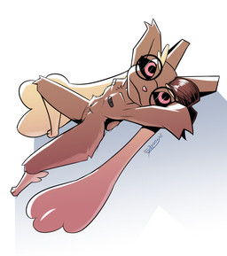 anthro biped black_sclera breasts brown_body brown_fur brown_hair clothed clothing eyeliner eyewear female female_anthro fur glasses hair hands_behind_head light long_ears looking_at_viewer lying makeup navel nipple_tape pasties pink_nose pink_pupils pupils pussy_tape round_glasses shadow sidecut simple_background skimpy slim slim_anthro slim_female small_breasts solo tape wearing_glasses white_background gatonejo nintendo pokemon veronika_(gatonejo) generation_4_pokemon lagomorph lopunny mammal pokemon_(species) 2026 digital_drawing_(artwork) digital_media_(artwork) hi_res signature