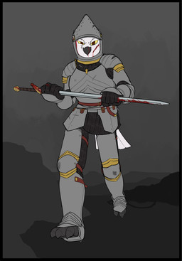 anthro armor blood blood_on_object blood_on_weapon bodily_fluids damaged_armor damaged_clothing male melee_weapon mordhau nosebleed plate_armor silhouette silhouetted_body solo sword weapon wounded revertigo smowl avian bird owl 2025 absurd_res flat_colors hi_res