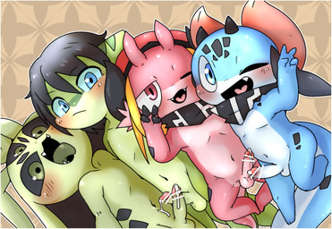 3_eyes anthro balls beret black_hair black_sclera blonde_hair blue_body blush bodily_fluids censor_bar censored_genitalia censored_penis clothing countershading cum cum_on_penis cum_on_self erection fangs frottage genital_fluids genitals gesture green_body group hair hand_gesture hat head_markings headgear headwear horn hug humanoid_genitalia humanoid_penis ineffective_censorship leaking_cum leaking_penis looking_at_viewer male male/male markings mostly_nude multi_eye nude one_eye_closed pattern_background penile penis penises_touching red_body scarf scarf_only sex shota simple_background smile tail teeth tongue tongue_out v_sign wink young young_anthro young_male doneru mythology a_(doneru) clive_(doneru) gidoniko_(doneru) neneruko_(doneru) alien bamfear dragon mythological_creature mythological_scalie scalie censored hi_res adult_(lore)