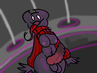 balls bottomless clothed clothing fade_to_black genitals gynomorph heart_eyes heart_symbol intersex long_tongue navel penis pole raised_clothing raised_shirt raised_topwear shirt shirt_up solo strip_club stripper_pole sweater thick_thighs tongue topwear turtleneck wide_hips ashsluts omeepu demon humanoid 4:3