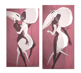 anthro bedroom biped bite black_body black_eyes blush blush_lines border butt butt_grab detailed_background duo empty_eyes eye_contact female female/female female_anthro female_humanoid hand_on_butt head_back holding_partner humanoid_on_anthro inside kissing looking_at_another looking_at_partner lying mouthless neck_bite nude on_side onomatopoeia sound_effects text white_body white_border white_eyes justdog hollow_knight:_silksong hollow_knight_(franchise) team_cherry hornet_(hollow_knight) lace_(hollow_knight:_silksong) arthropod humanoid 2025 comic digital_drawing_(artwork) digital_media_(artwork) hi_res